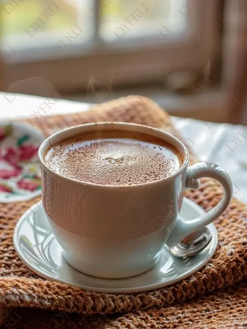 Tazza di caffè caldo su un tovagliolo di cotone, atmosfera accogliente