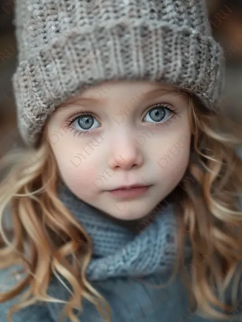 Bambina con occhi azzurri e cappello di lana in un ambiente autunnale