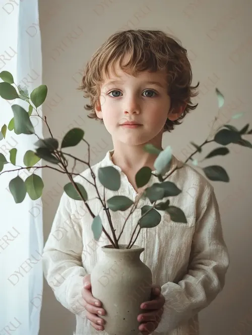 Bambino con vaso di ceramica e rami verdi in un ambiente luminoso