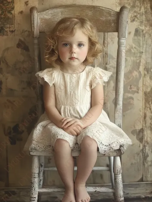 Bambina con abito bianco seduta su una sedia vintage in un ambiente nostalgico