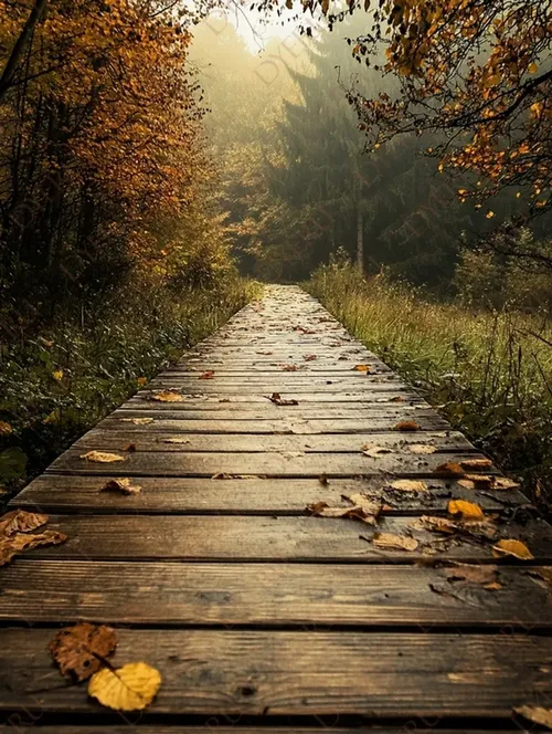 Sentiero di Legno nel Bosco Autunnale con Foglie Cadute
