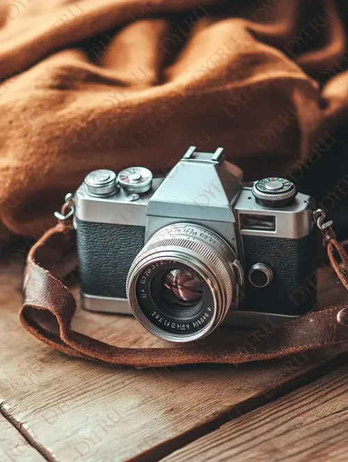 Macchina Fotografica Vintage su Tavolo di Legno con Tessuto Caldo