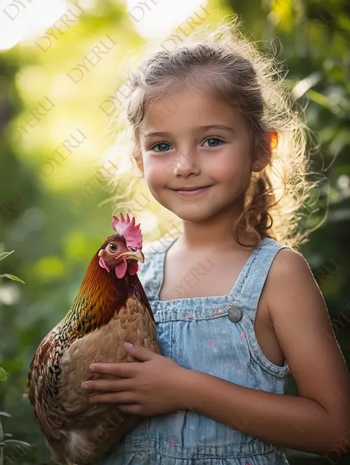 Bambina sorridente con gallina in un ambiente naturale