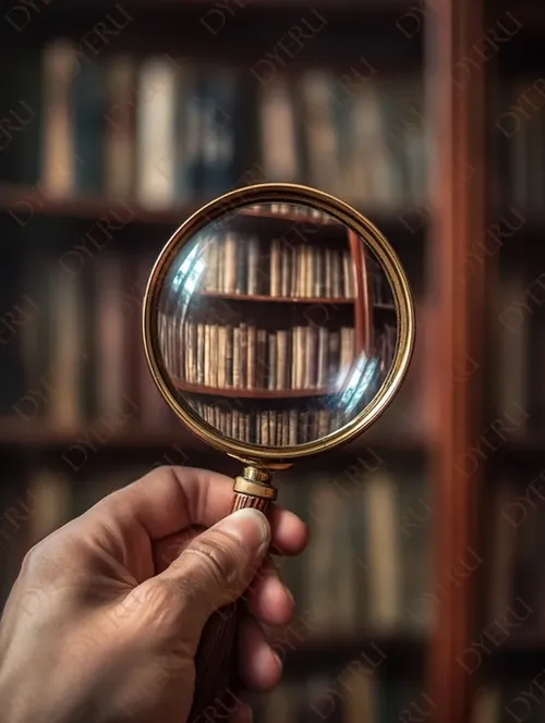 Mano che tiene una lente di ingrandimento sopra una libreria antica