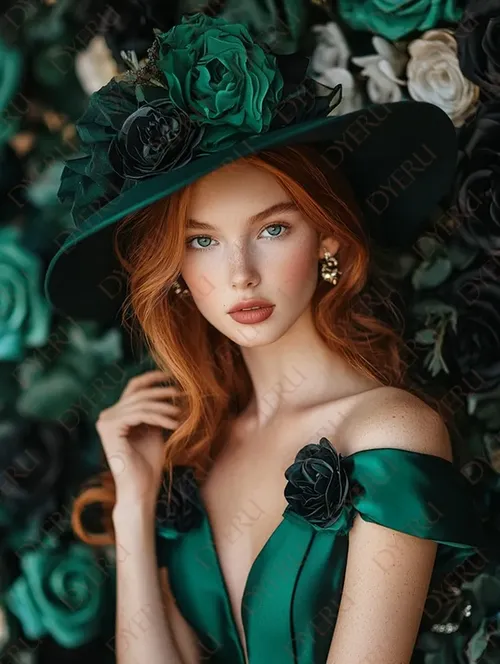 Elegante giovane donna con cappello floreale e abito verde, in un ambiente romantico con fiori
