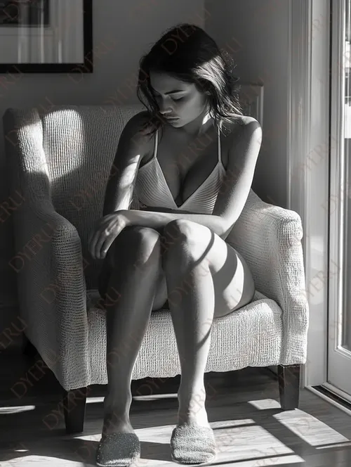 Ragazza pensierosa in bianco e nero seduta su una poltrona con luce naturale
