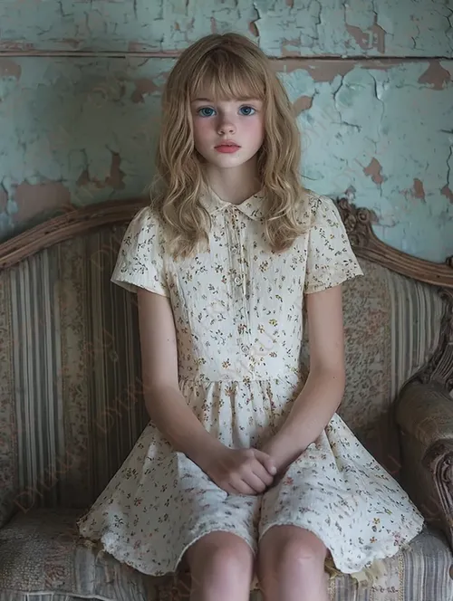 Bambina con abito floreale seduta su divano vintage in ambiente rustico