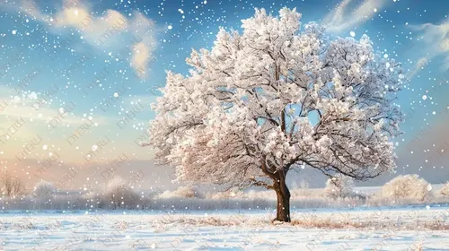 Albero innevato in un paesaggio invernale sereno