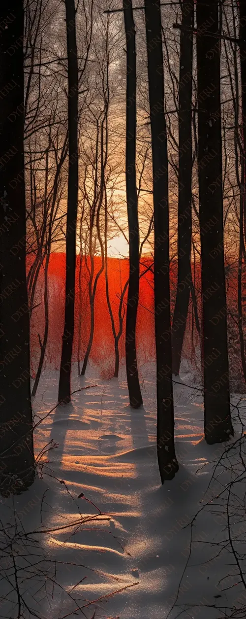 Foresta Innevata al Tramonto: Magia Invernale tra gli Alberi