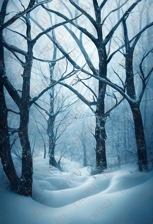 Foresta Innevata con Alberi Spogli in Atmosfera Magica