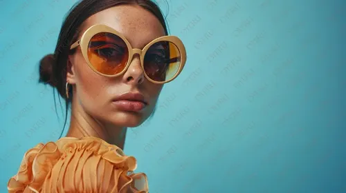 Giovane donna alla moda con occhiali da sole oversize su sfondo blu