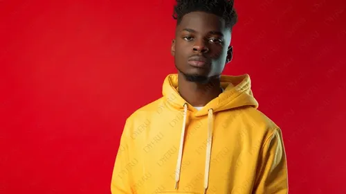 Giovane uomo afroamericano con felpa gialla su sfondo rosso