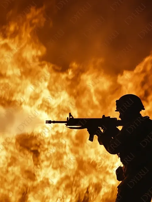 Soldato in Silhouette con Fiamme di Sfondo durante Operazione Militare