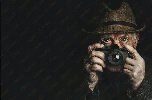 Anziano fotografo con cappello che scatta una foto in un ambiente scuro