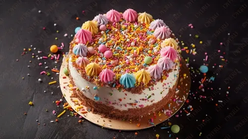 Torta di compleanno colorata con decorazioni di panna e confetti vivaci