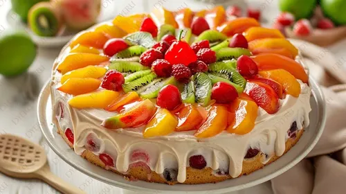 Torta alla frutta fresca con crema e decorazione colorata