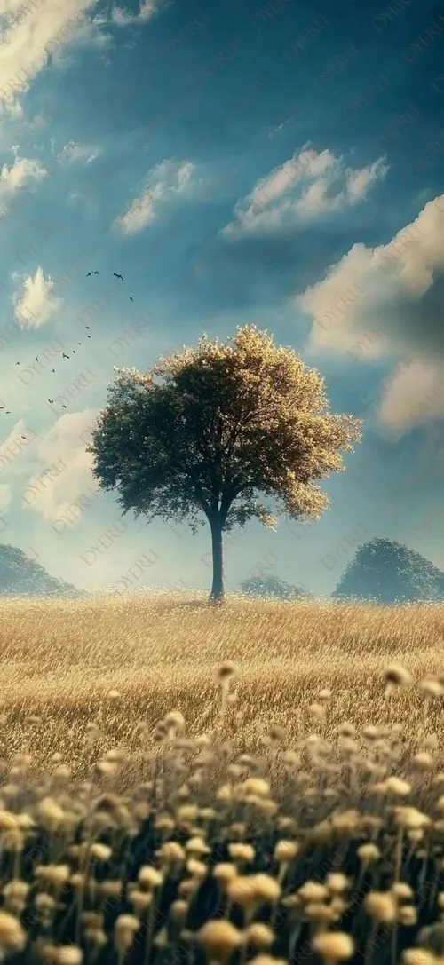 Albero solitario in un campo fiorito sotto un cielo sereno