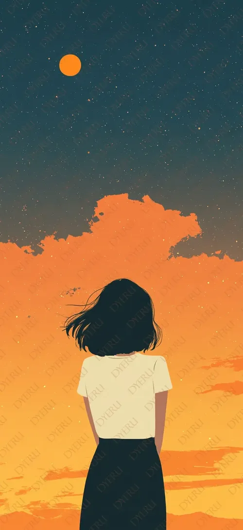 Ragazza contemplativa al tramonto con cielo stellato