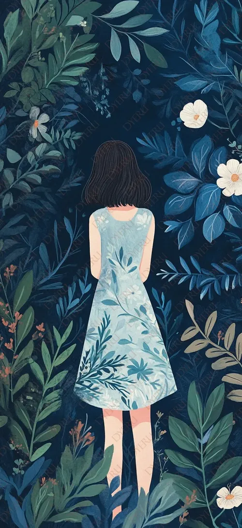 Ragazza in Abito Blu tra Fiori e Foglie Verdeggianti