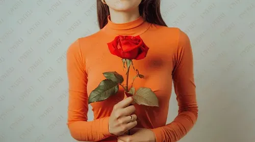 Giovane donna con rosa rossa in mano, abbigliamento arancione, espressione romantica