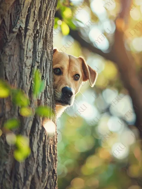 Cucciolo di cane curioso che sbircia dietro un albero in un ambiente naturale