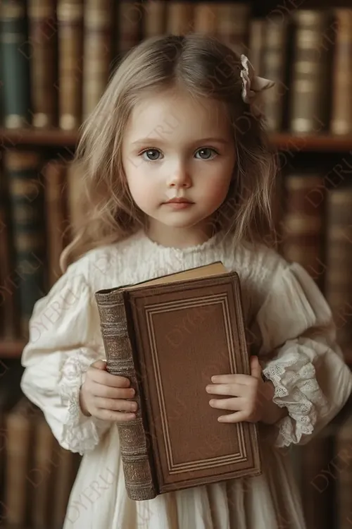 Bambina dolce con libro in biblioteca vintage