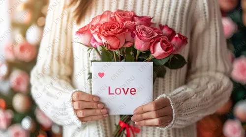 Donna con bouquet di rose e biglietto d'amore