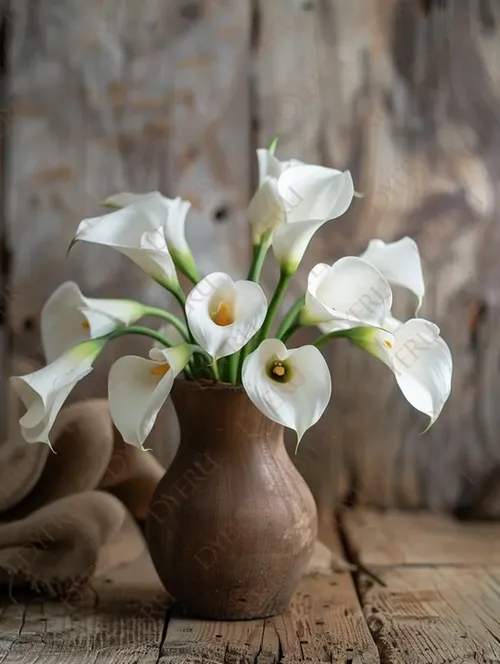 Elegante bouquet di calle bianche in vaso di ceramica su sfondo rustico