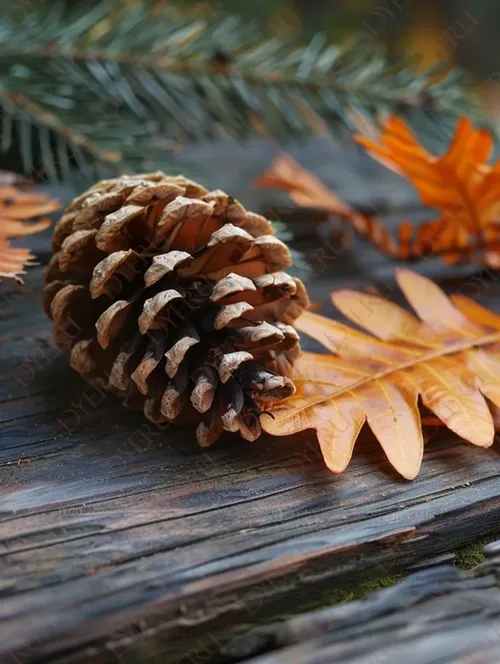 Pigna di pino su legno con foglie autunnali