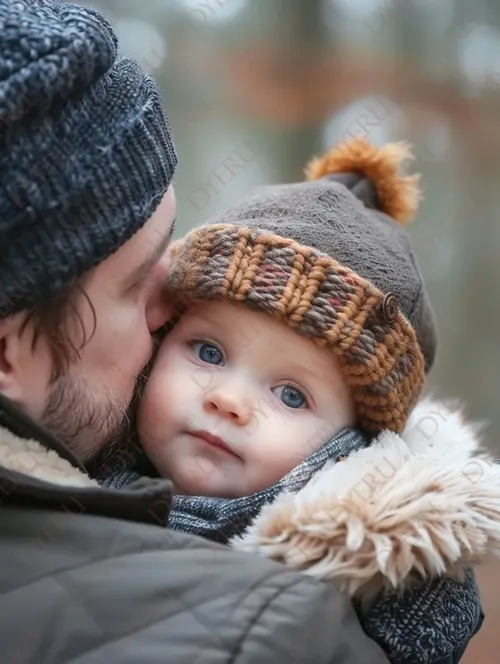 Padre affettuoso abbraccia il suo bambino con cappello invernale