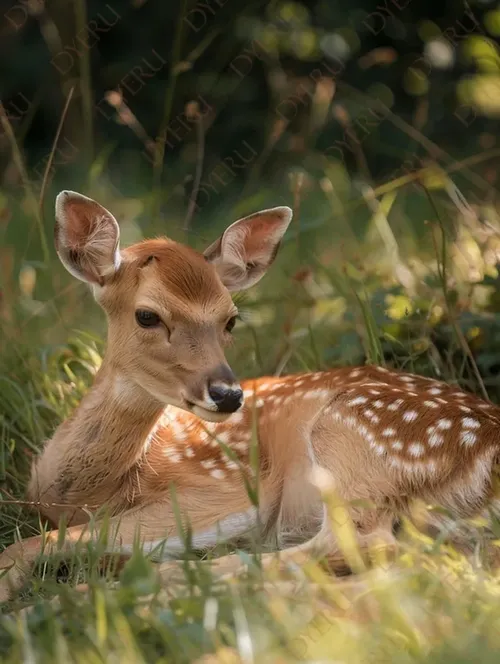 Cucciolo di cervo sdraiato sull'erba verde