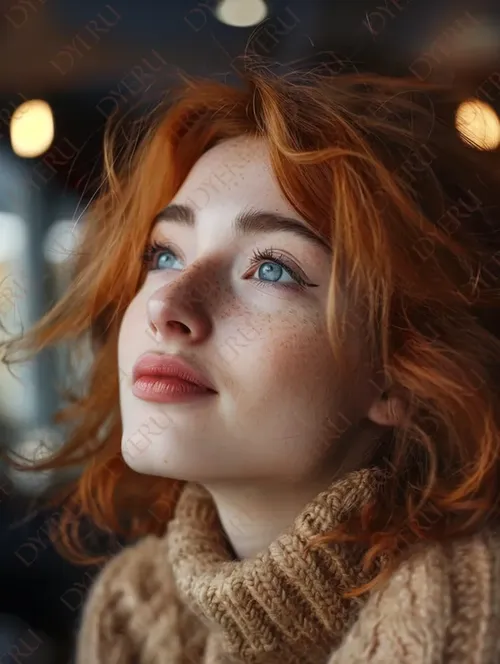 Giovane donna dai capelli rossi con sguardo sognante e pelle con lentiggini