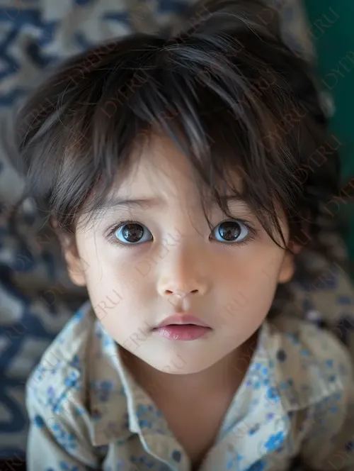 Bambino con occhi grandi e sguardo curioso