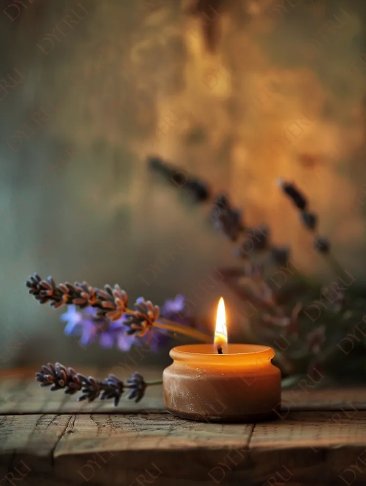 Candela Accesa con Lavanda su Tavolo di Legno